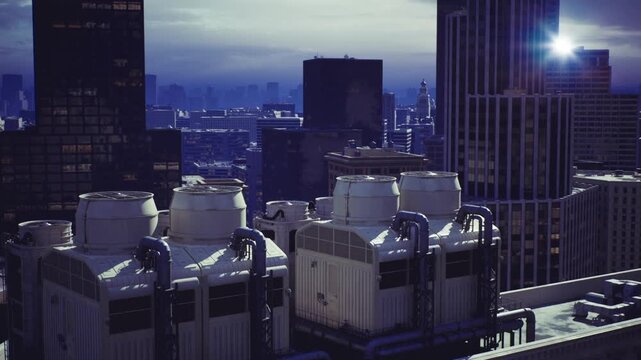 Modern city view with bright sunlight glare. Urban rooftop foreground featuring Chicago skyline with dramatic sunlight and high contrast lighting