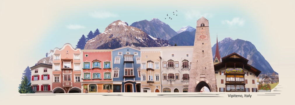 Facades of historical city center of Vipiteno Sterzing, in South Tyrol - art collage, design