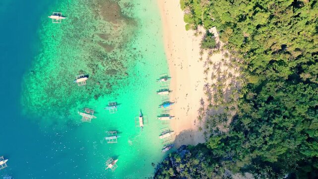 Beach With Boats. Serene Coastal Scene With Snorkeling. Sunny Shoreline Decorated By Boats And Trees