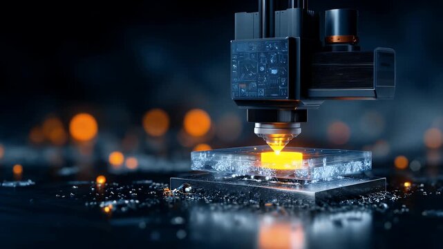 A captivating close up shot of 3D printer creating a complex, glowing, futuristic prototype with blue light, showcasing advanced manufacturing process and innovative design technology.