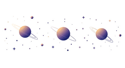 A vector illustration for stars war day featuring three purple planets with rings floating amidst a field of stars, presented in a minimalist style with a gradient background © Jangkrik