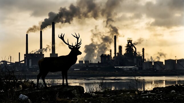 Siluet Rusa di Depan Pabrik Industri yang Mengeluarkan Asap Polusi