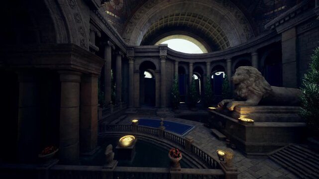 regal stair hall with reclining lion statue guarding grand staircase, marble pedestals and vaulted ceiling above. Soft golden uplighting, mosaic flooring