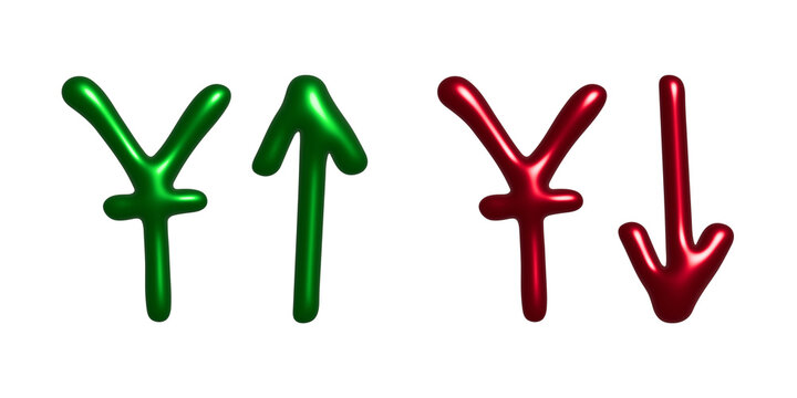 Hand drawn chinese yuan currency symbol Growth and fall profit with arrow up and down Brush stroke doodle Element for design