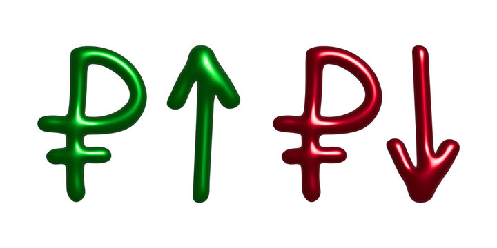 3d russian ruble currency symbol Growth and fall profit with arrow up and down Element for design