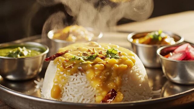 Pouring lentil soup on rice for a traditional Dal Bhat thali meal