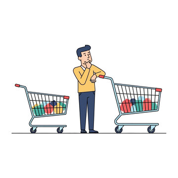 Man chooses between two shopping carts filled with groceries, decision making concept