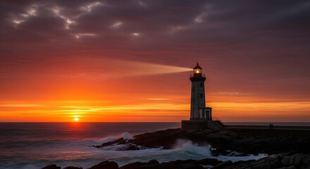 Fototapeta premium Scenic lighthouse at sunset with beacon shining on rocky coastline and ocean waves