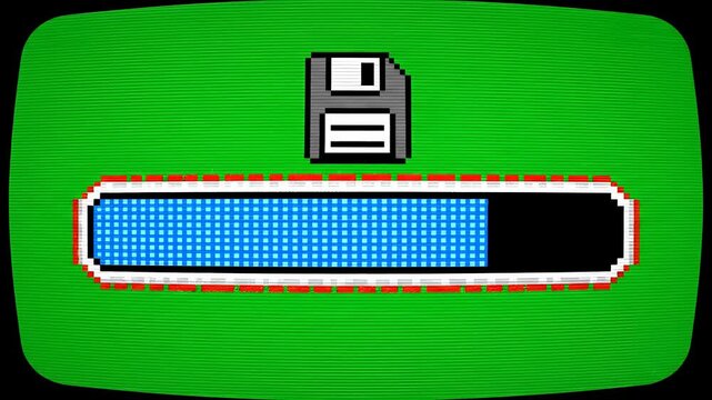 Retro computer screen shows saving progress bar with floppy disk icon.