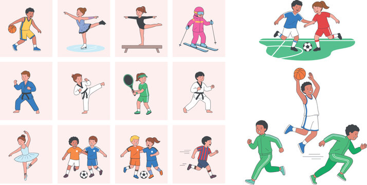 Kids sports and activities illustration set with children playing soccer, basketball, karate, ballet, skating and running in playful action scenes