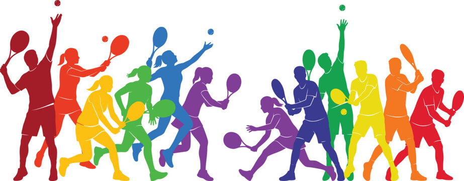 Large collection of colorful tennis player silhouettes featuring diverse athletes in action poses including serves and backhands isolated on white.