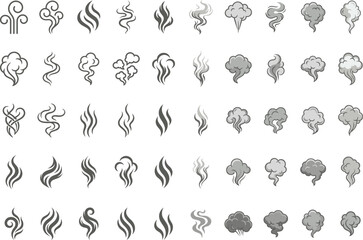 Fototapeta premium Smoke and steam swirl shapes collection with abstract vapor elements, fog clouds and decorative mist icons for creative design projects