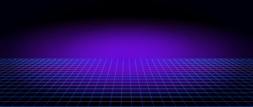 Futuristic blue neon wireframe background. Perspective grid and dark horizon lines design. Vector illustration transparent background
