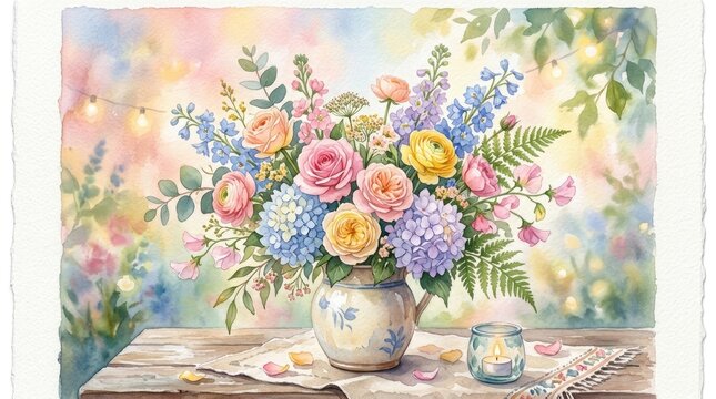 Watercolor painting of flowers in a vase on a table with a candle and lights.