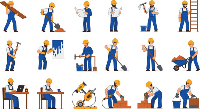 Construction Workers Set with Tools and Building Activities in Flat Style, Builders Digging, Painting, Cutting, Carrying Materials and Working on Site Vector Illustration