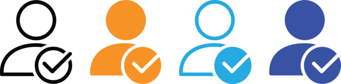 Verified user profile with checkmark icon set, approved account symbol, vector illustration