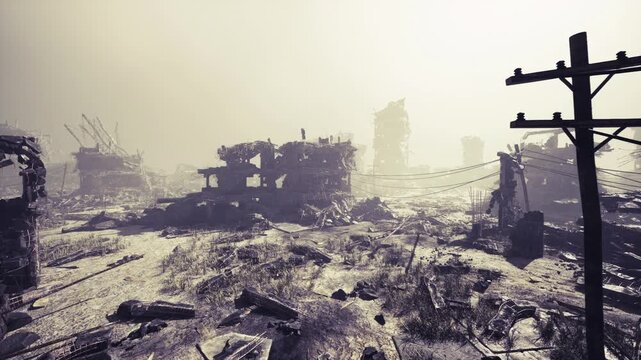 recon operative scanning devastated avenue at sunrise, broken pavement and toppled poles, ominous silhouettes of distant towers, atmosphere tense and cold