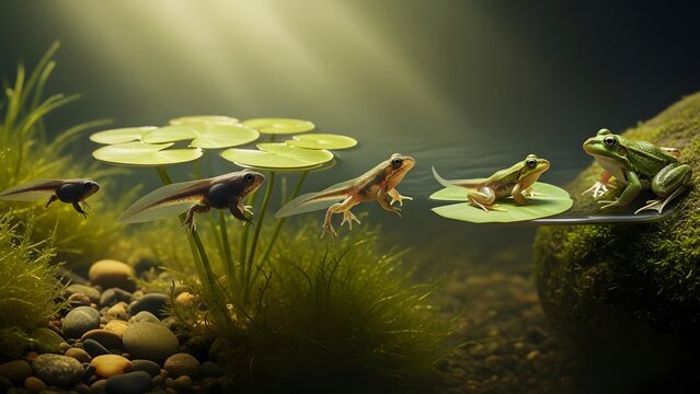 The Evolutionary Lifecycle Stages of a Frog Illustrating Metamorphosis from Aquatic Tadpole to Adult Amphibian in a Natural Underwater Pond Habitat