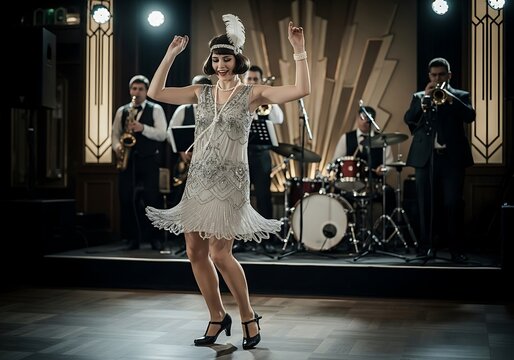 Roaring Twenties - Flapper Dancing with Jazz Band on Stage.