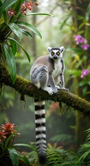 Fototapeta premium Ring-tailed lemur perched on a branch in a lush rainforest.