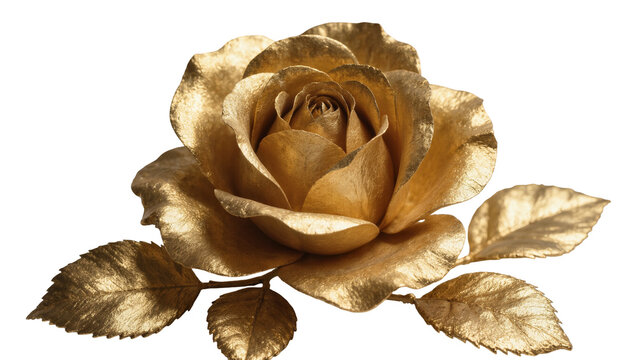 Gilded golden rose flower with detailed metallic leaves and petals
