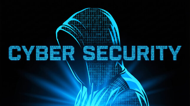 Cyber security concept with hooded hacker silhouette, binary code and glowing typography on dark background. 