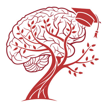 Brain with a graduation cap and tree education learning