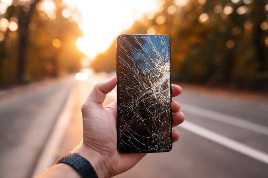 Cracked smartphone screen held by man