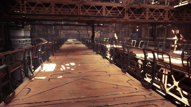 heavy cargo catwalk crossing industrial hall, wide panels and safety rails, layered perspectives and distant loading bay light, utilitarian mood
