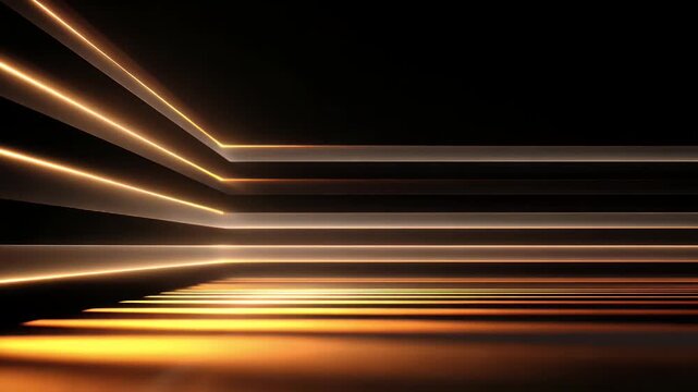 Abstract golden light trails motion on dark background with reflective floor surface creates cinematic dynamic energy flow representing high speed data transfer and digital technology concept.