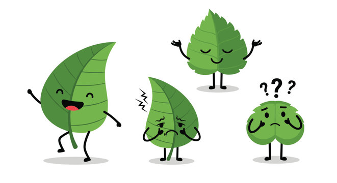 Collection of four green leaf characters with various facial expressions and emotions ranging from happy and dancing to sad and confused.