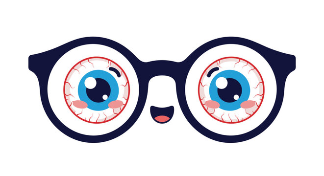 Funny glasses character with large bloodshot blue eyes and a happy mouth represents fatigue, eye strain, or a humorous tired look for.