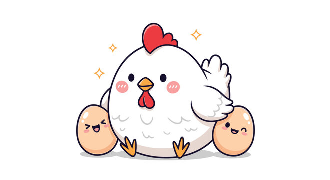 Mother hen sitting happily with two cute eggs featuring smiling faces representing family protection and farm fresh poultry products.