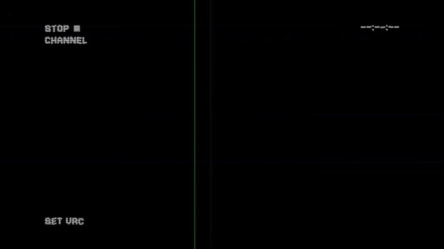Stop VHS overlay on black background with tape defect, scratch, scanline and dust 4K video. 