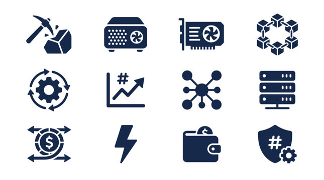 Set of cryptocurrency and blockchain technology flat vector icons.