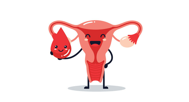 Happy uterus character holding a cute blood drop to represent a healthy menstrual cycle, period positivity, and female reproductive health.