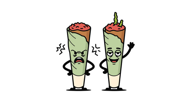 Two cannabis joints depicted as characters where one is angry and the other is relaxed to show different effects of marijuana consumption.