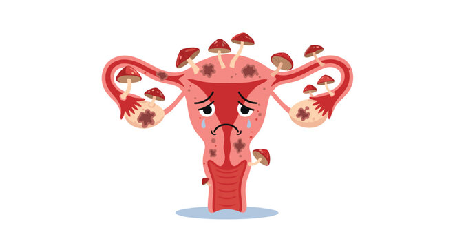Uterus character feeling sick with mushrooms growing on it to represent a fungal infection, yeast issues, and female reproductive health care.