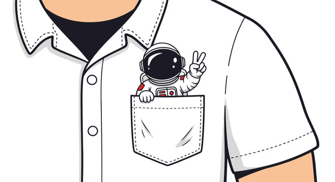 Tiny astronaut character peeking out of a white shirt pocket and making a peace sign to show a fun and adventurous science fiction theme.