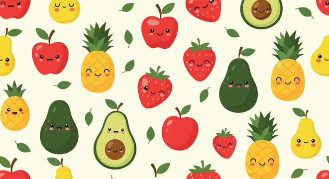 Seamless pattern featuring cute and smiling cartoon fruit characters like apples and avocados for children's design.
