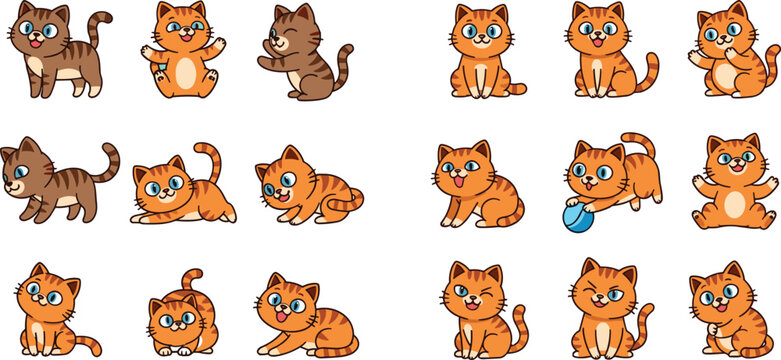 Cute Cartoon Kittens Set with Different Poses and Emotions, Adorable Cat Characters Sitting, Playing, Running and Smiling Vector Illustration in Flat Style