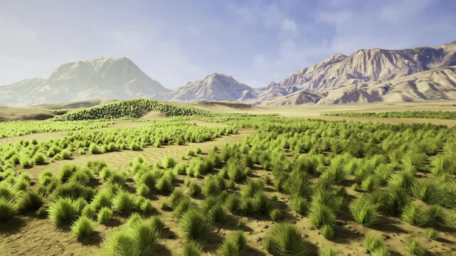 wide field of young shrubs with mountain backdrop, land manager planning afforestation strategy with marked plots, warm midday sun, emphasis on scalability