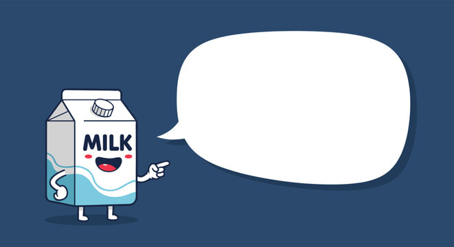 Cute cartoon milk carton with a smiling face and arms pointing to a large empty speech bubble on a dark blue background for text.