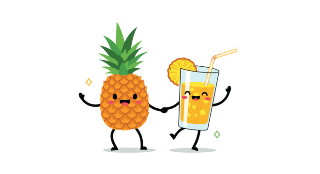 Cute cartoon pineapple character holding hands with a glass of pineapple juice on a white background for tropical summer themes.