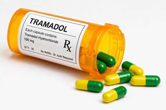 An orange prescription bottle spilling out yellow and green Tramadol 100mg capsules, illustrating pharmaceutical pain management and medical healthcare treatment.