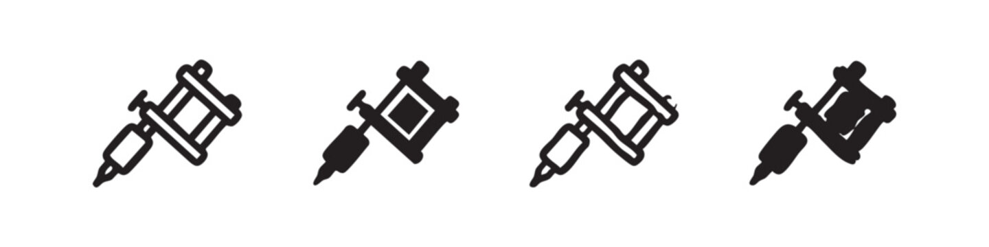 Tattoo machine icon set in various styles, vector art and body modification symbol
