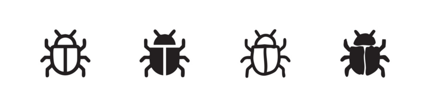 Stylized beetle insect icons in outline and solid, normal and doodle styles.