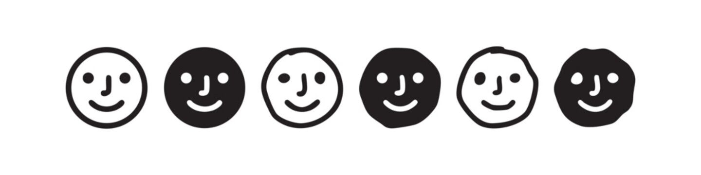 Set of smiling face icons in outline and solid, regular and doodle styles.