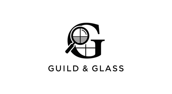 A magnifying glass with window pattern in Guild & Glass logo
