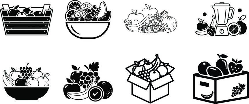 Black and white fruit and vegetable collection baskets bowls and boxes